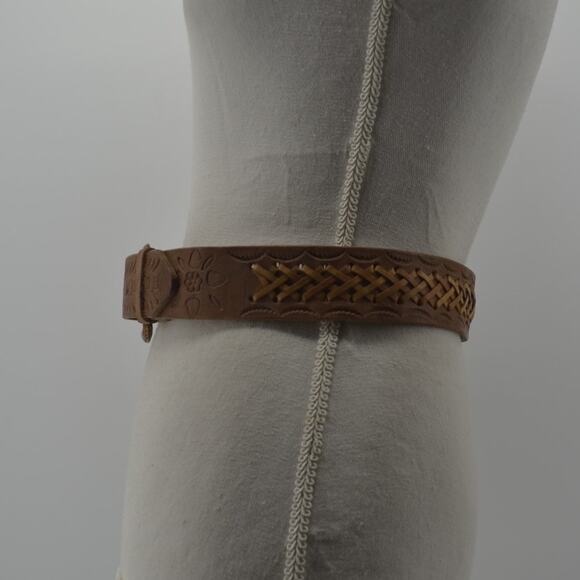 Western Leather Belt Tooled Stitched Brown Cowboy Size 28 - Picture 5 of 13